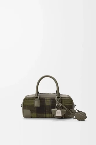 Amazona 23 verkürzte Tasche aus Tartan-Wildleder und Nappakalbsleder Khaki/Grün
