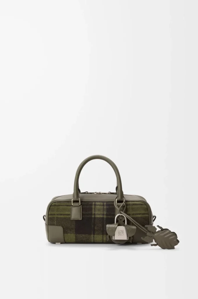 Amazona 23 verkürzte Tasche aus Tartan-Wildleder und Nappakalbsleder Khaki/Grün