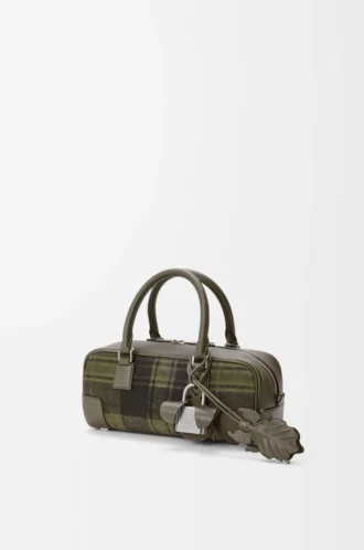 Amazona 23 verkürzte Tasche aus Tartan-Wildleder und Nappakalbsleder Khaki/Grün