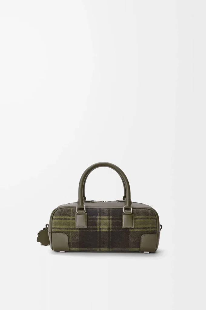Amazona 23 verkürzte Tasche aus Tartan-Wildleder und Nappakalbsleder Khaki/Grün