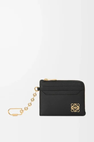 Anagram quadratischer Münz- und Kartenhalter aus genarbtem Kalbsleder Black/Gold