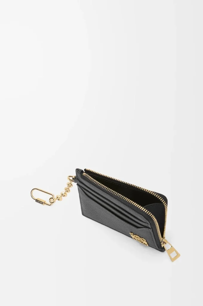Anagram quadratischer Münz- und Kartenhalter aus genarbtem Kalbsleder Black/Gold