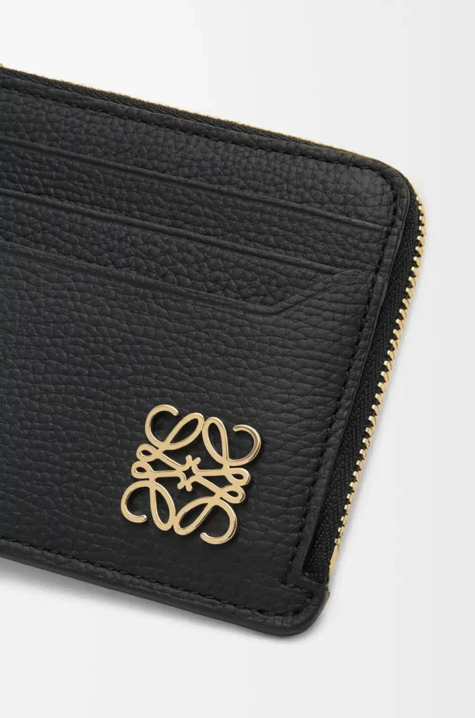 Anagram quadratischer Münz- und Kartenhalter aus genarbtem Kalbsleder Black/Gold