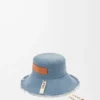 Ausgefranste Fischerhut aus Denim und Kalbsleder Blue Denim