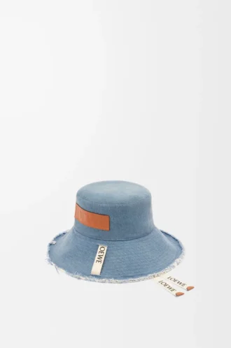 Ausgefranste Fischerhut aus Denim und Kalbsleder Blue Denim