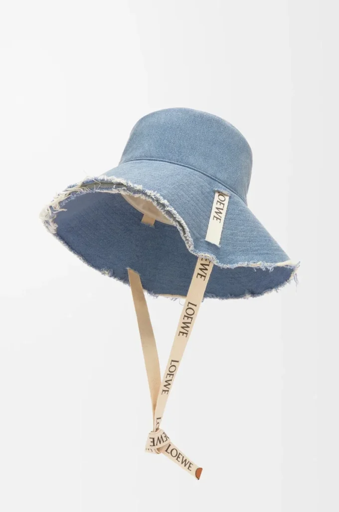 Ausgefranste Fischerhut aus Denim und Kalbsleder Blue Denim