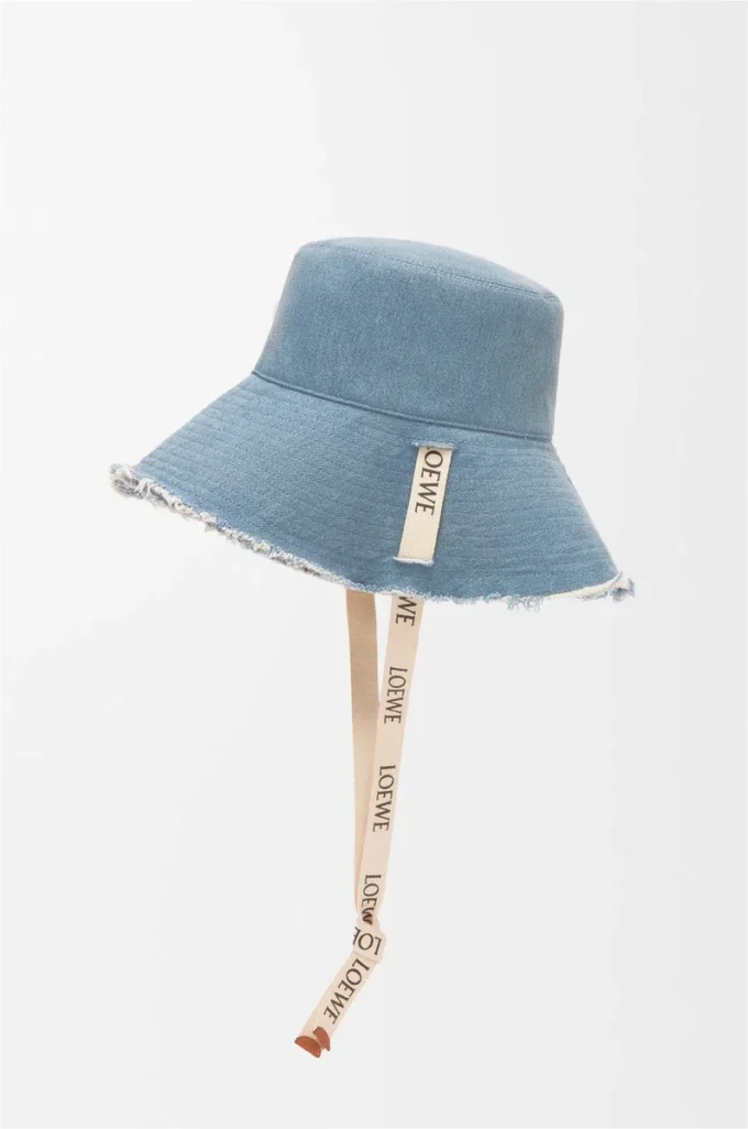 Ausgefranste Fischerhut aus Denim und Kalbsleder Blue Denim