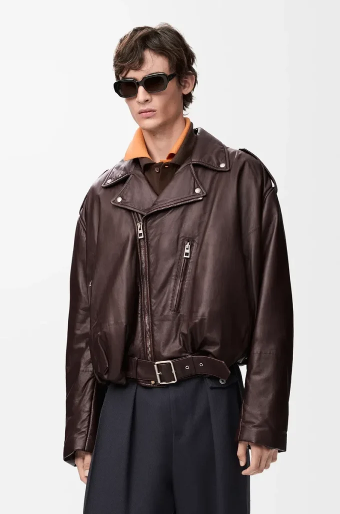 Ballon-Bikerjacke aus Nappalammleder Dunkelbraun