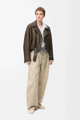 Bikerjacke aus Nappalammleder in Khaki Green