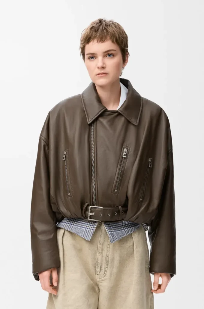 Bikerjacke aus Nappalammleder in Khaki Green