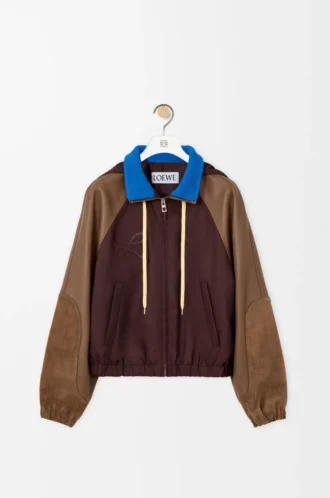 Bomberjacke aus Nylon, Nappalammleder und Kalbswildleder Braun