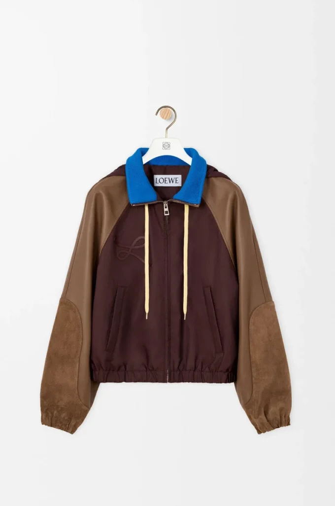 Bomberjacke aus Nylon, Nappalammleder und Kalbswildleder Braun