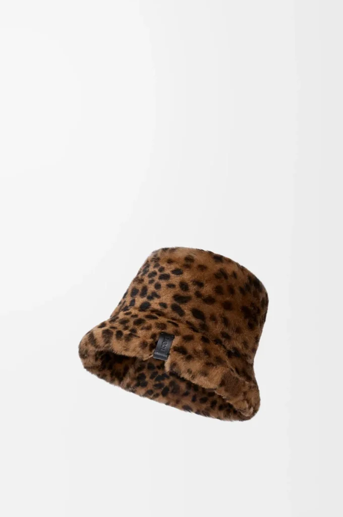 Bucket Hat aus bedrucktem Lammfell Beige/Braun