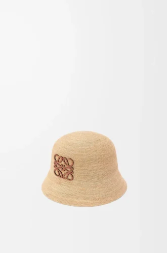 Bucket Hat aus Raffia und Kalbsleder in Natur
