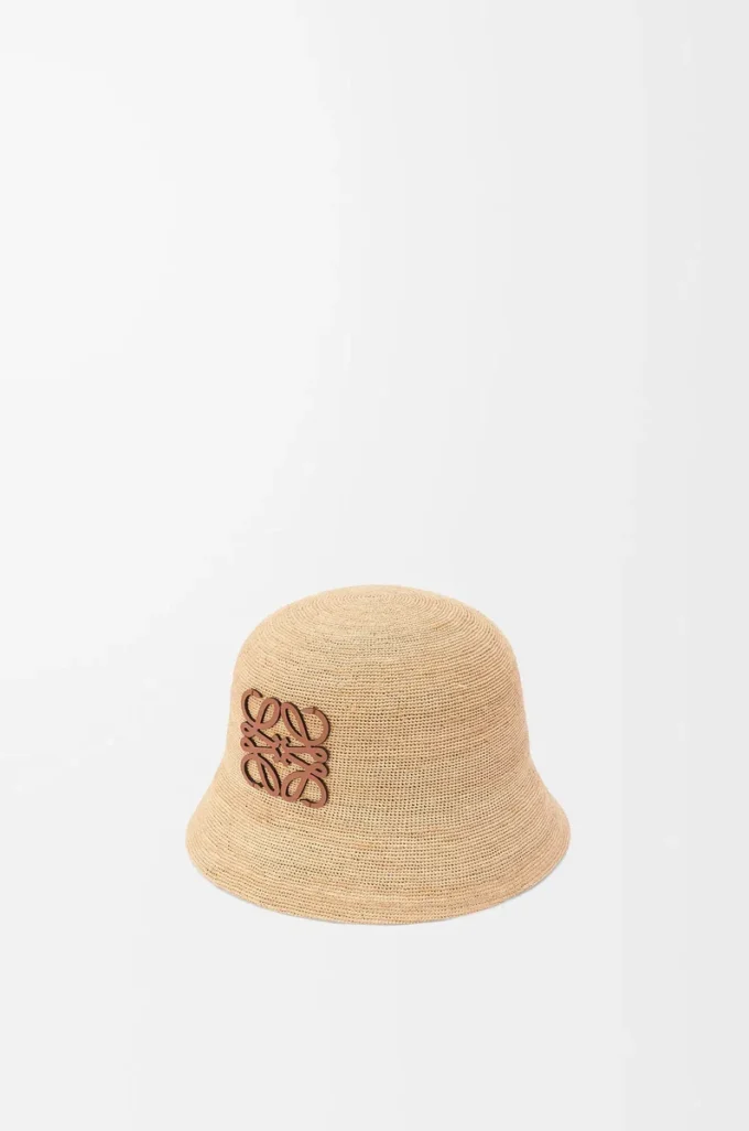 Bucket Hat aus Raffia und Kalbsleder in Natur