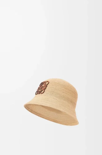 Bucket Hat aus Raffia und Kalbsleder in Natur
