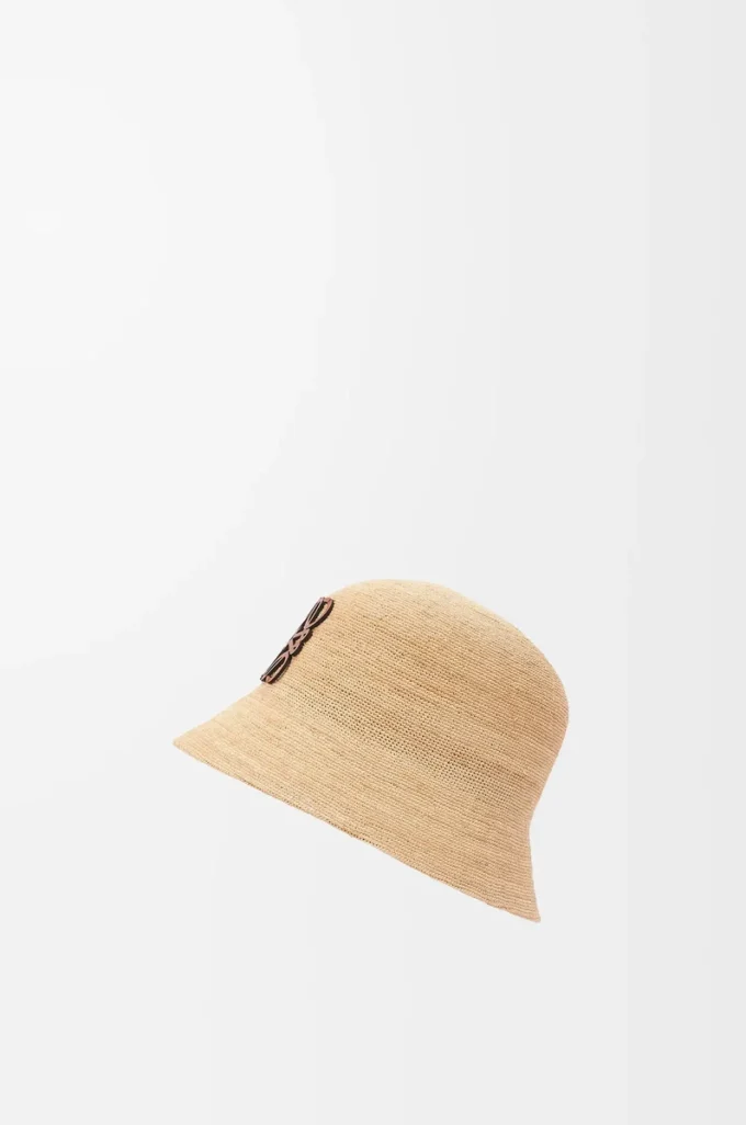 Bucket Hat aus Raffia und Kalbsleder in Natur
