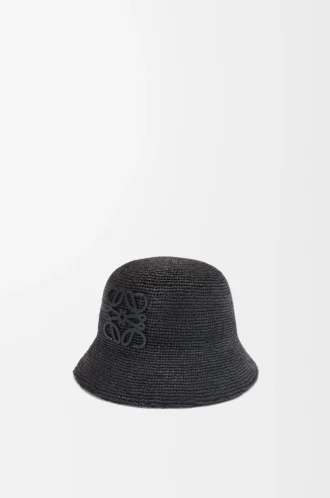 Bucket Hat aus Raffia und Kalbsleder Schwarz