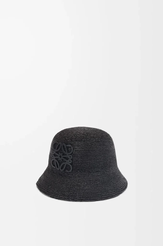 Bucket Hat aus Raffia und Kalbsleder Schwarz