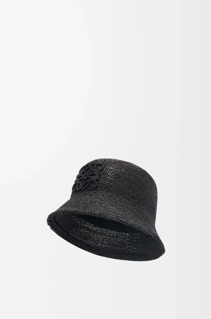Bucket Hat aus Raffia und Kalbsleder Schwarz