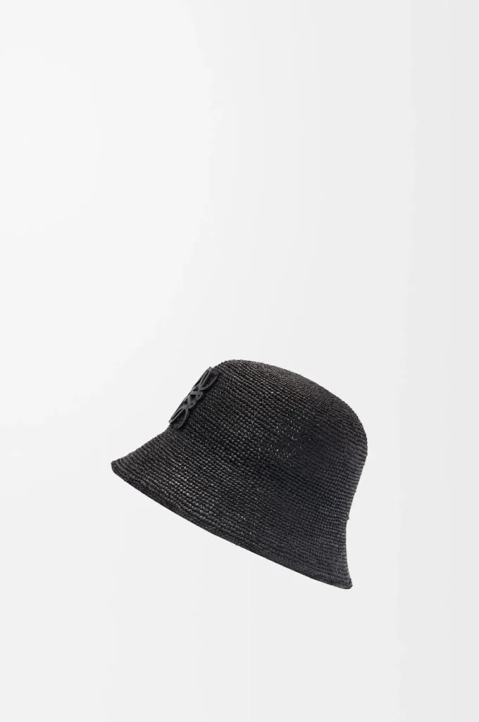 Bucket Hat aus Raffia und Kalbsleder Schwarz