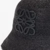 Bucket Hat aus Raffia und Kalbsleder Schwarz