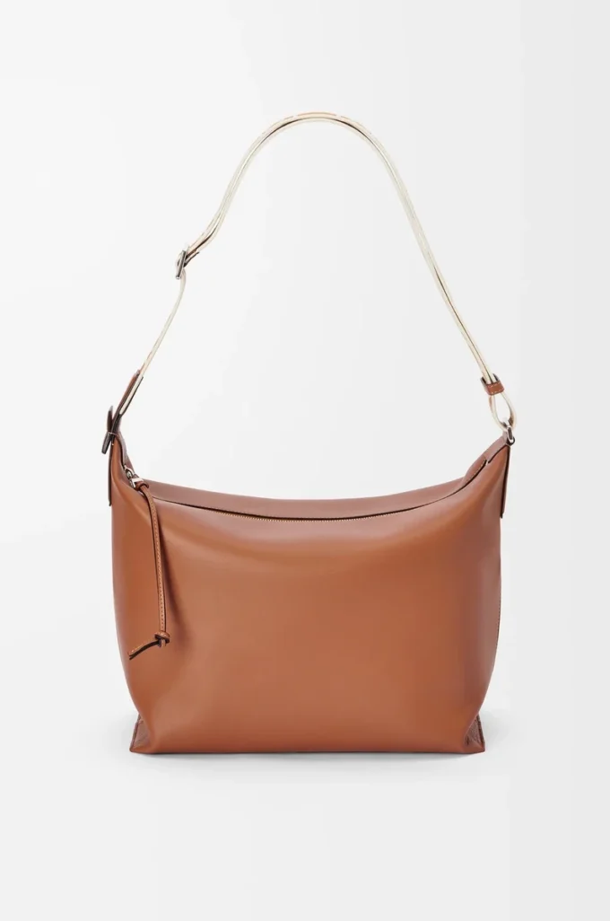 Cubi Crossbody-Tasche aus geschmeidigem, glattem Kalbsleder und Jacquard in Hellbraun