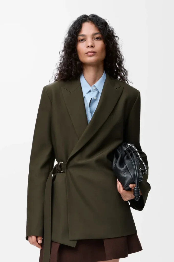 Drapierte Jacke aus Wolle in Khaki-Grün