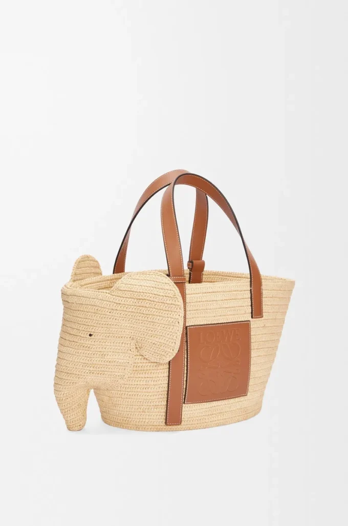 Elephant Basket aus Raffia und Kalbsleder Natur/Hellbraun