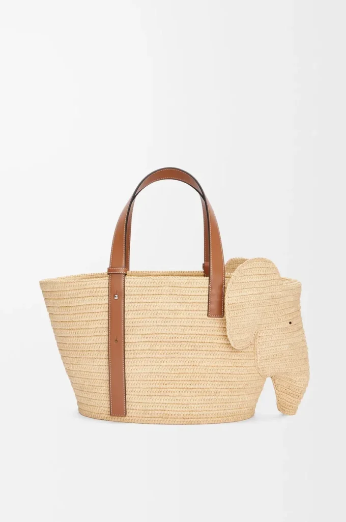 Elephant Basket aus Raffia und Kalbsleder Natur/Hellbraun