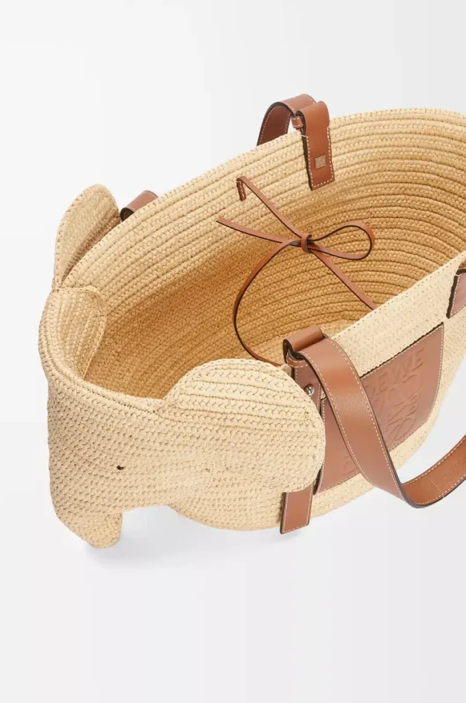 Elephant Basket aus Raffia und Kalbsleder Natur/Hellbraun