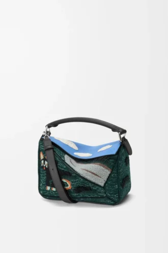 Futurist Cat kleine Puzzle-Tasche aus besticktem Strick und klassischem Kalbsleder Multicolor Grün