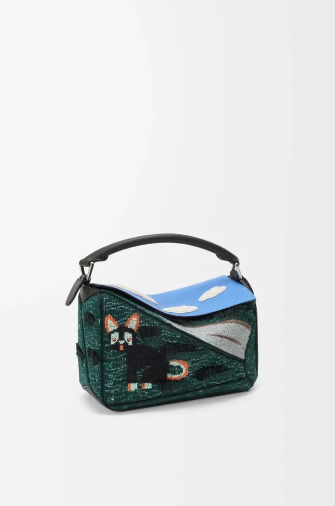 Futurist Cat kleine Puzzle-Tasche aus besticktem Strick und klassischem Kalbsleder Multicolor Grün