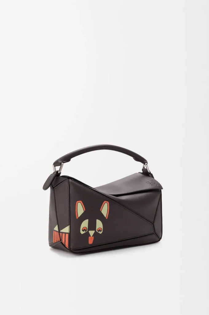 Futurist Cat kleine Puzzle-Tasche aus klassischem Kalbsleder in Dunkelbraun