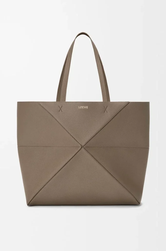 Große horizontale Puzzle Fold-Tasche aus weichem genarbtem Kalbsleder in Taupe