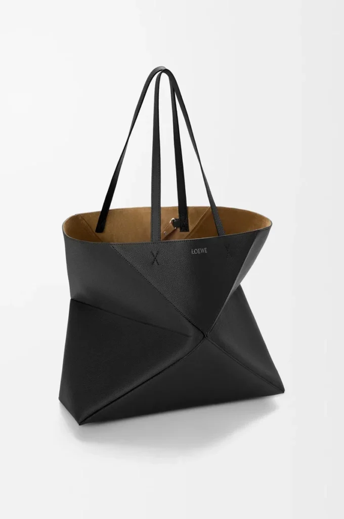 Große horizontale Puzzle Fold-Tasche aus weichem genarbtem Kalbsleder Schwarz