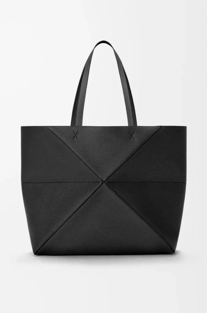 Große horizontale Puzzle Fold-Tasche aus weichem genarbtem Kalbsleder Schwarz
