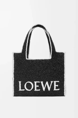 Große LOEWE Font Tote aus Raffia Schwarz