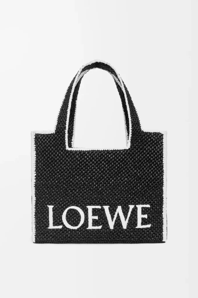 Große LOEWE Font Tote aus Raffia Schwarz
