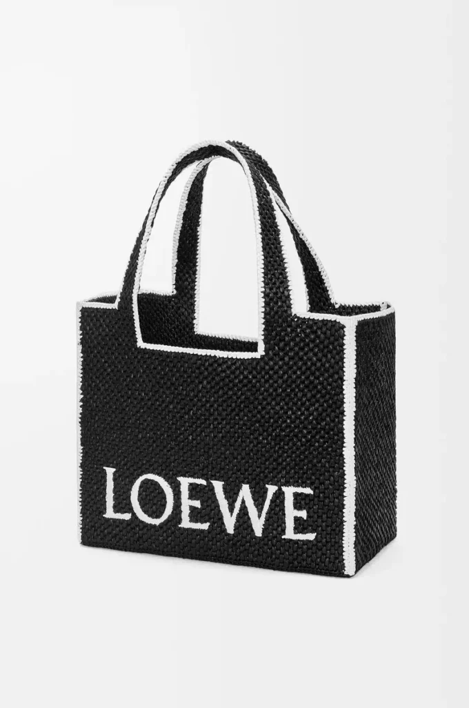 Große LOEWE Font Tote aus Raffia Schwarz
