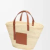 Großer Classic Basket aus Palmblättern und Kalbsleder Natur/Hellbraun