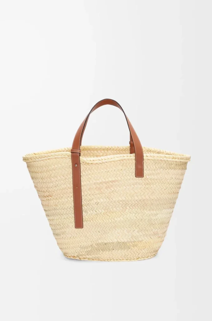 Großer Classic Basket aus Palmblättern und Kalbsleder Natur/Hellbraun