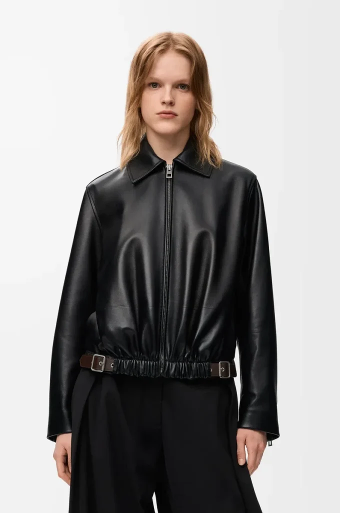 Gürteljacke aus Nappalammleder in Schwarz