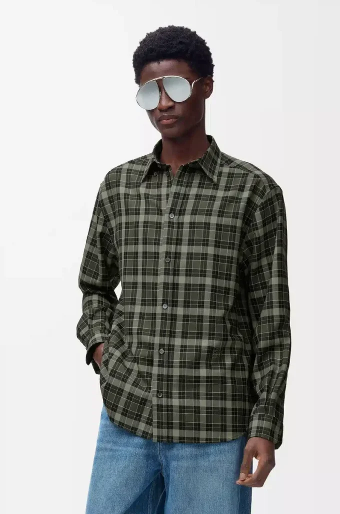 Hemd aus Wollmischung in Khaki/Schwarz