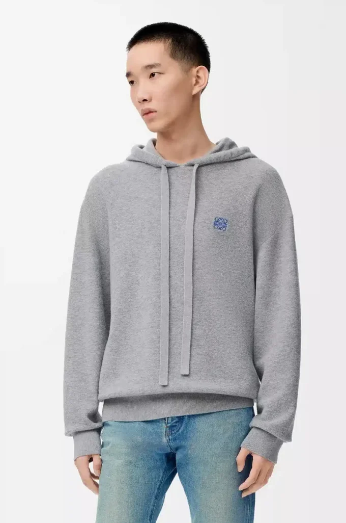 Hoodie aus Wolle in Hellgrau meliert