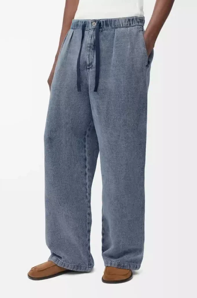 Hose mit Kordelzug aus Baumwolle und Leinen Graublau