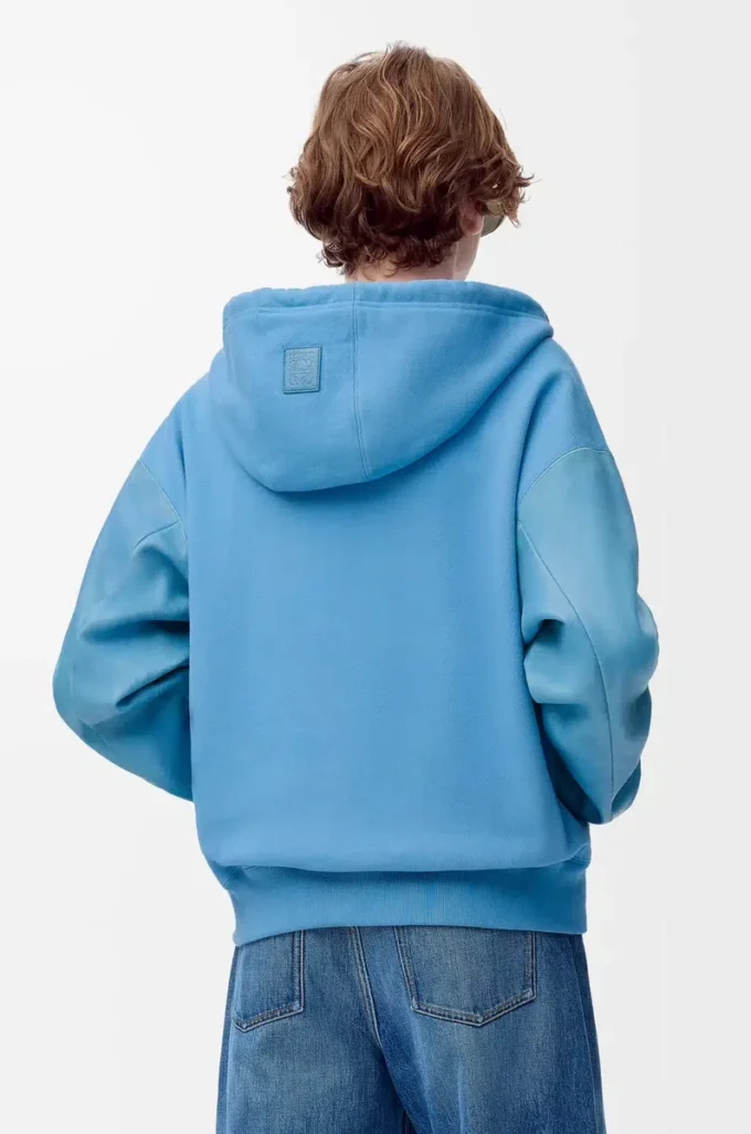 Hybrid-Hoodie aus Baumwolle und Nappa-Lammleder Blau