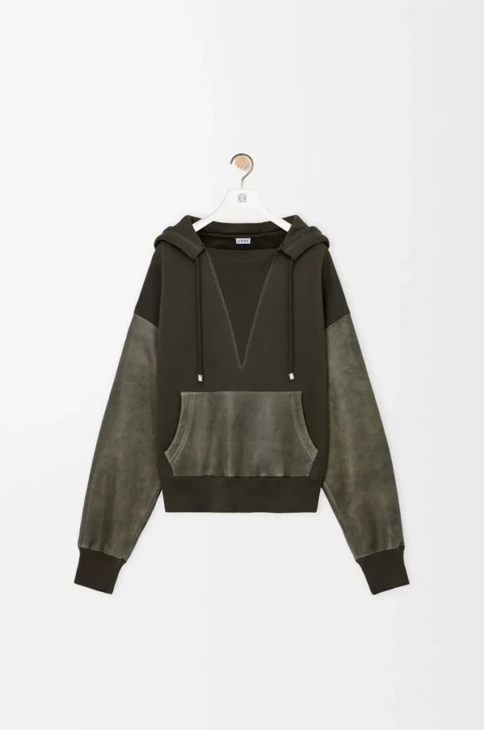 Hybrid-Hoodie aus Baumwolle und Nappa-Lammleder Khaki Green