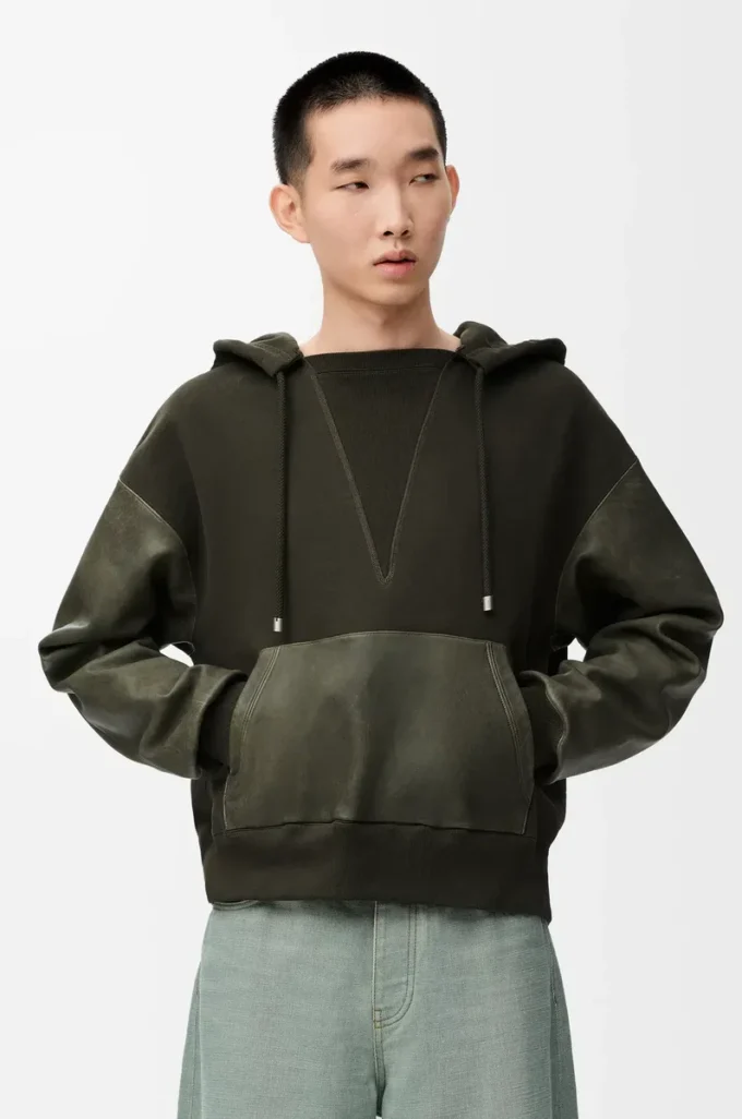 Hybrid-Hoodie aus Baumwolle und Nappa-Lammleder Khaki Green