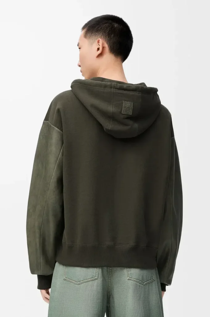 Hybrid-Hoodie aus Baumwolle und Nappa-Lammleder Khaki Green